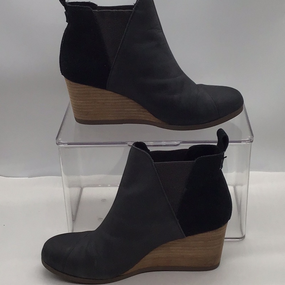 Toms Black Suede/Leather Wedge Heel Ankle Boot - Picture 3 of 15